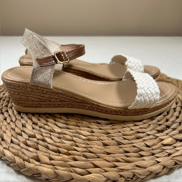 Shoes - Women's Woven White and Tan Wedge Sandals